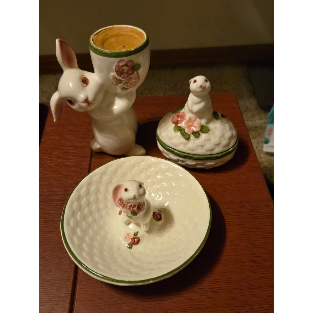Vintage Ceramic Easter Bunny Set Candle Holder Trinket Box Ring Dish Floral 3pc‎